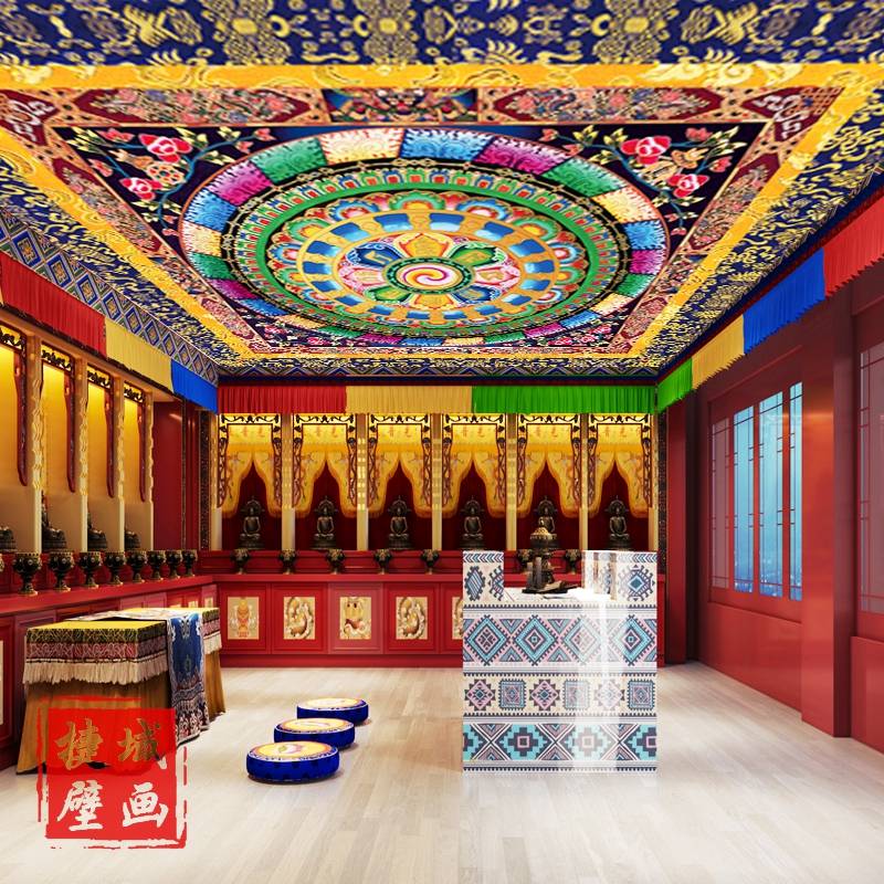 藏式墙纸唐卡花纹民族风大堂客厅天花吊顶壁画饭店酒店背景墙壁纸