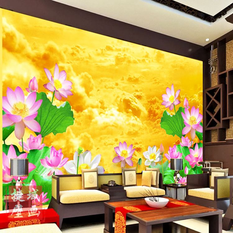 佛堂装饰背景墙纸客厅沙发壁画中式寺庙墙纸禅意金色祥云荷花壁纸图片