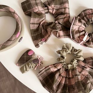元气粉咖色格纹发夹裙摆发圈bb夹蝴蝶结大肠发圈发箍发卡头箍头饰
