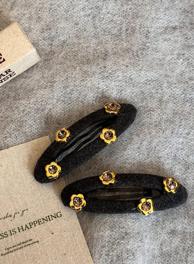 韩系复古高级灰色椭圆水钻花朵掰掰夹BB夹气质闪钻侧边夹刘海夹子