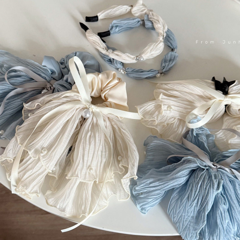 蓝色褶皱布艺珍珠蝴蝶结发夹双层超大发圈清新甜美木耳边发箍发饰