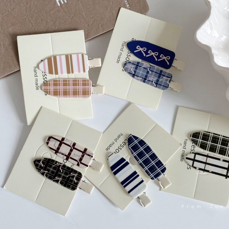 2个装蓝色格纹系列蝴蝶结无痕发夹ins可爱甜美刘海侧边夹发卡