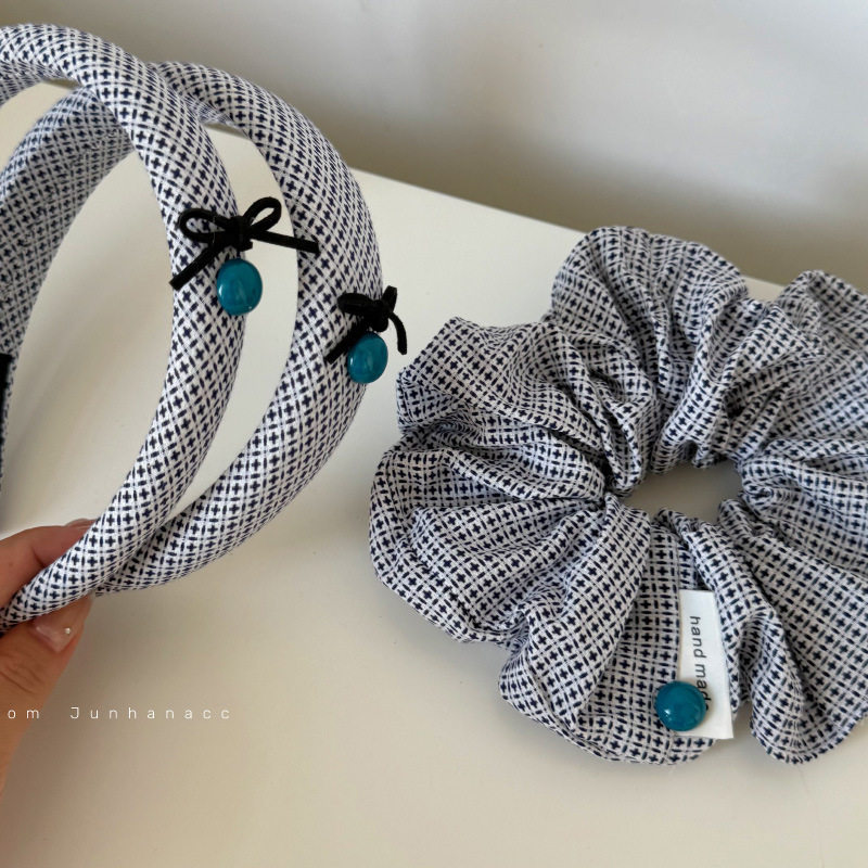 复古斜纹大肠圈蓝色格纹发圈发箍发绳丸子头洋气绳皮筋发饰