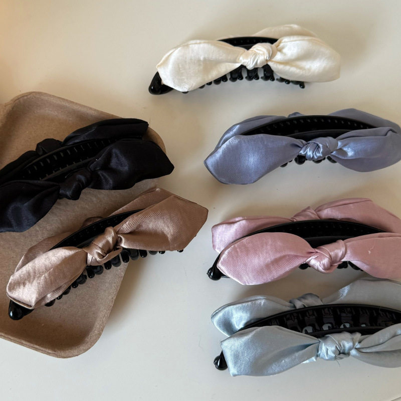 韩国双面兔耳朵粉色立体缎面蝴蝶结香蕉夹芭蕾风后脑勺马尾盘发竖