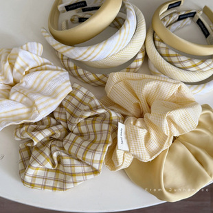 柠檬黄色系格纹大肠发圈头绳箍女高级感头箍海绵高颅顶发卡新款发