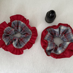 浓郁红蓝格子四层大肠发圈节日高级感气质扎头发头绳头花发饰