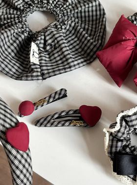 格纹红色爱心大肠圈bb夹蝴蝶结包扣发夹发卡发绳可爱发饰发箍