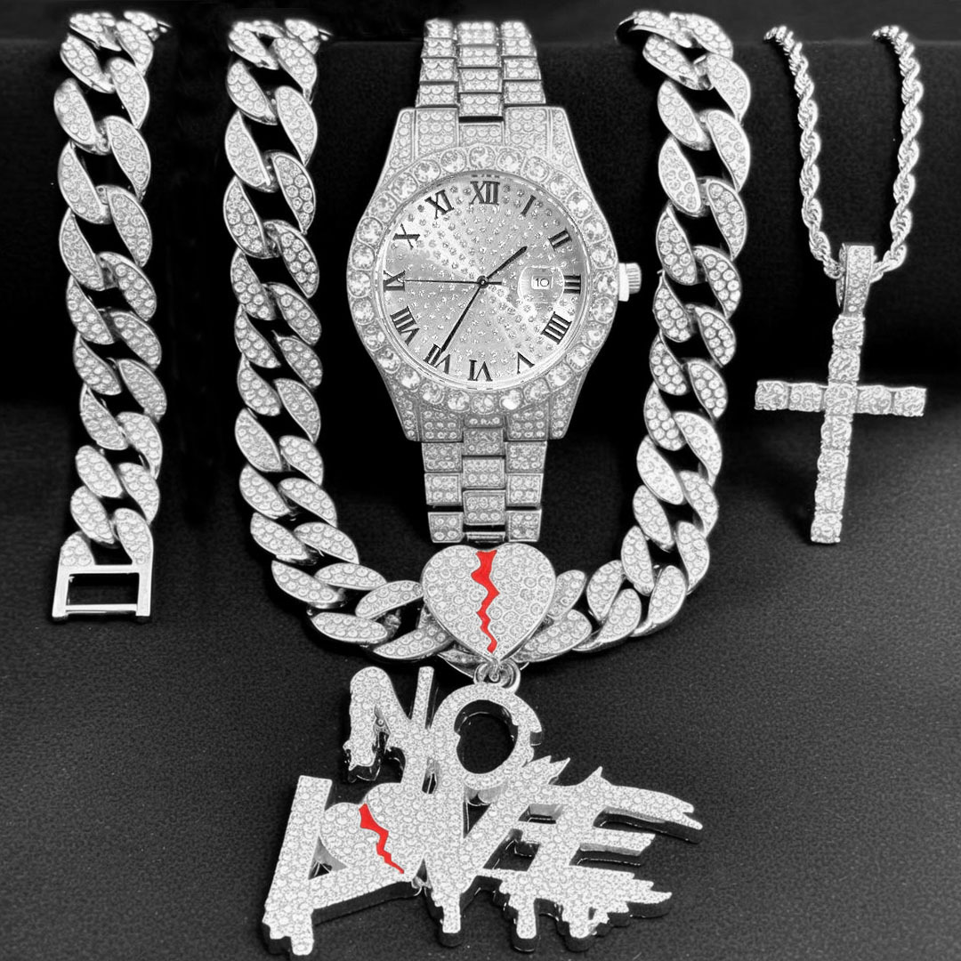跨境爆款嘻哈镶钻石英男士手表古巴手链项链吊坠十字架五件套套装