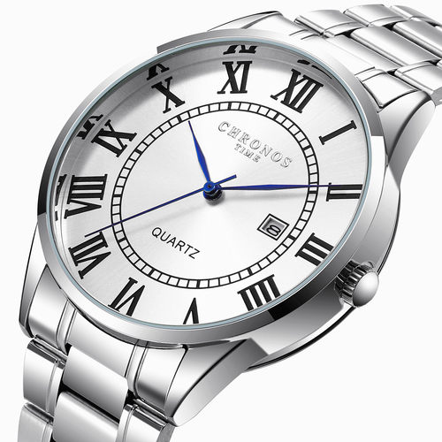 CHRONOS男士经典腕表 精钢表带日历石英手表 休闲商务百搭手表男