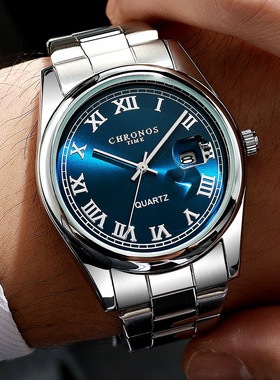 新款CHRONOS男士钢带腕表 时尚运动石英日历腕表防水全自动手表男