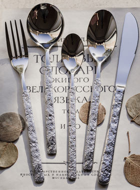 304不锈钢复古浮雕岩板西餐叉勺套装{月光岩&小夜曲}甜品勺圆汤勺