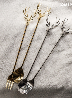 304不锈钢北欧ins鹿角复古轻奢长柄搅拌勺冰勺/叉/酒吧奶昔调酒勺