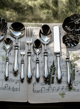 18-10不锈钢ins法式轻奢鸢尾花复古罗马柱套装主餐勺叉甜品勺果叉