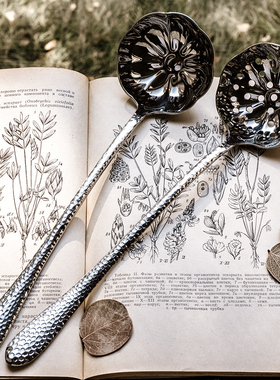 18/10不锈钢复古锤纹莲花荷叶国潮复古风长柄火锅大汤勺大漏勺