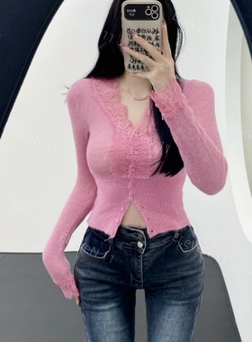 一件jue美马海毛！温柔蕾丝深V显身材上衣修身显瘦内搭打底毛衣女