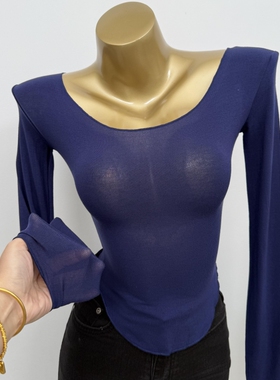 so sexy~谁穿谁爱 韩国ins女小性感U领微透微透打底衫长袖T恤上衣