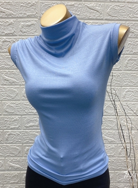 韩国INS简约基本款早春 超hao看的海螺蓝色微透薄款立领打底t恤女