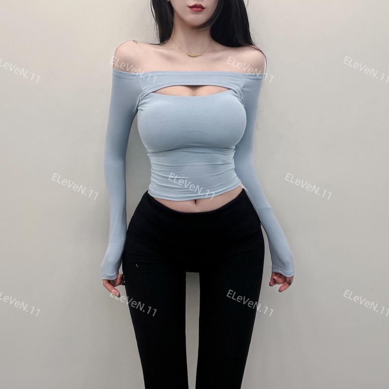 漫画胸~纯欲复古一字肩镂空长袖t恤女春季高级百搭性感打底衫上衣,女装/女士精品,T恤,淘宝优惠券,粉丝福利购,淘宝优惠卷