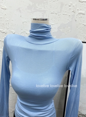 韩国INS简约基本款秋冬 超hao看的海螺蓝色微透高领打底t恤2021女