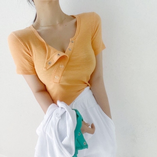 斜扣螺纹紧身纯色短袖 打底上衣2020夏新女 T恤韩国Ins百搭网红同款