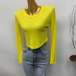 T恤2020新款 超正显身材 长袖 露脐短款 夏 明媚淡黄色性感收腰薄款