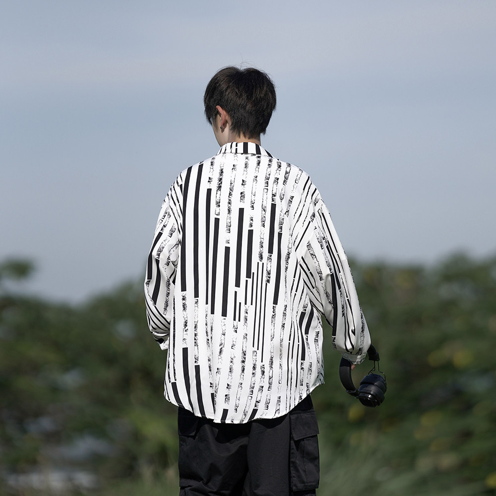胖胖哥美式条纹花衬衫男秋季高级感痞帅宽松长袖衬衣大码潮流外套,男装衬衫,电商A031