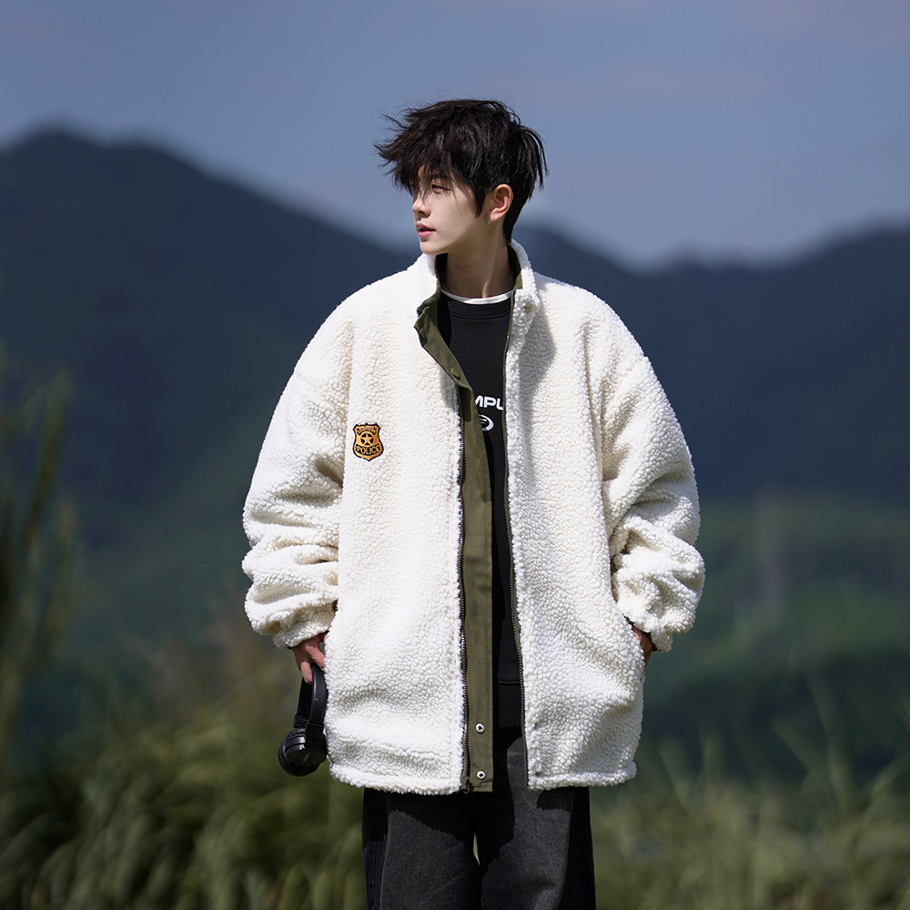 双面穿25冬装新款工装风羊羔毛宽松大码拼接棉衣MY06P108控148，男装棉衣，电商A031