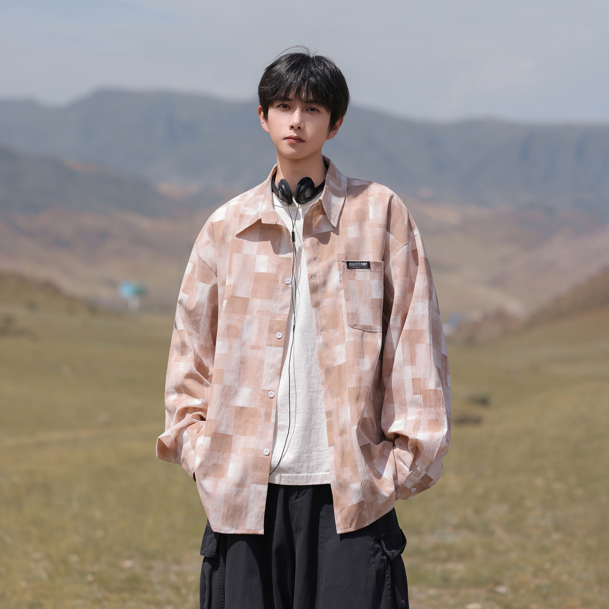 短改长春装新款墨染格纹大码宽松长袖衬衫CXS20P58控78，男装衬衫，电商A031