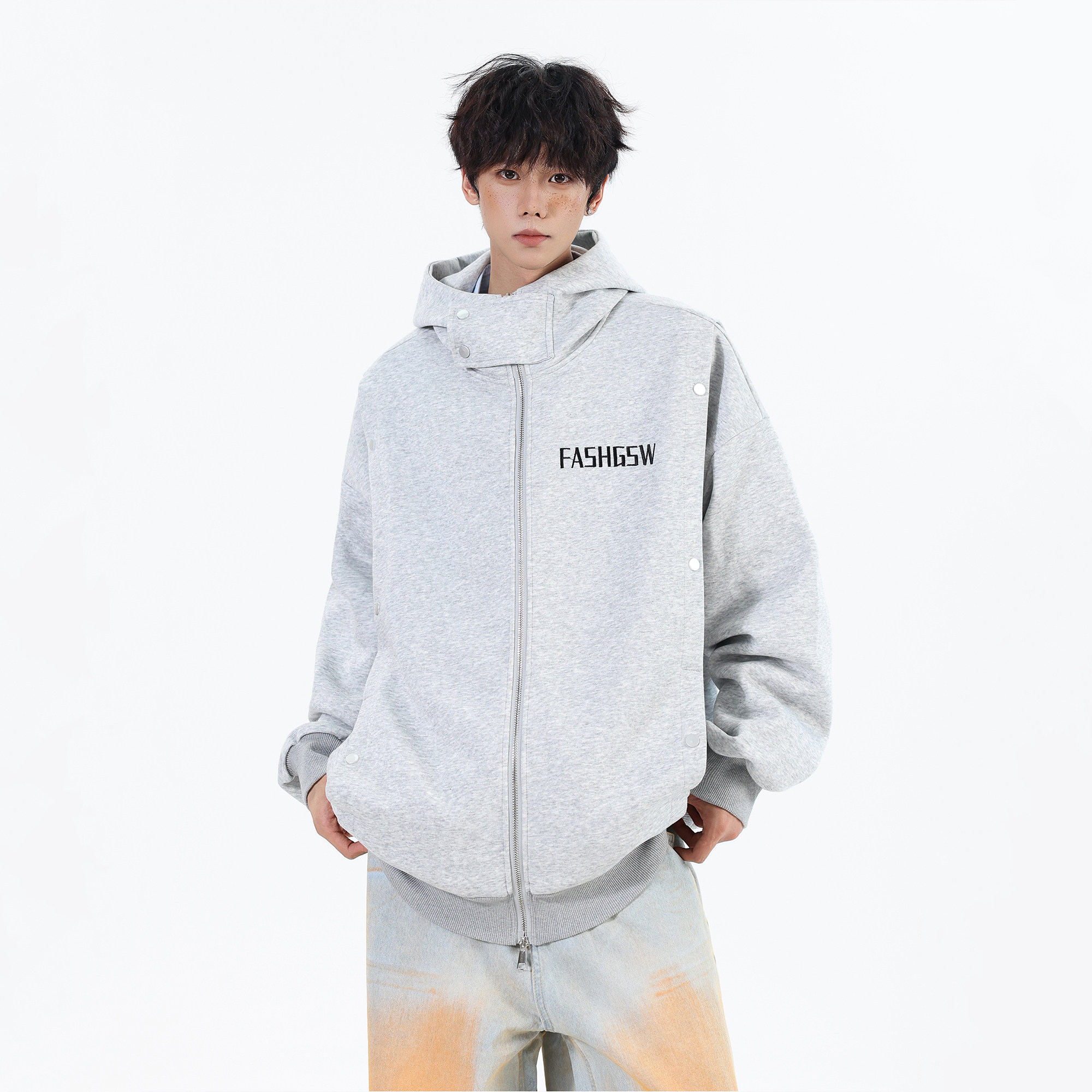 排扣夹克26春装设计款开衫连帽大码美式卫衣外套JK118P88控138，男装夹克，电商A031