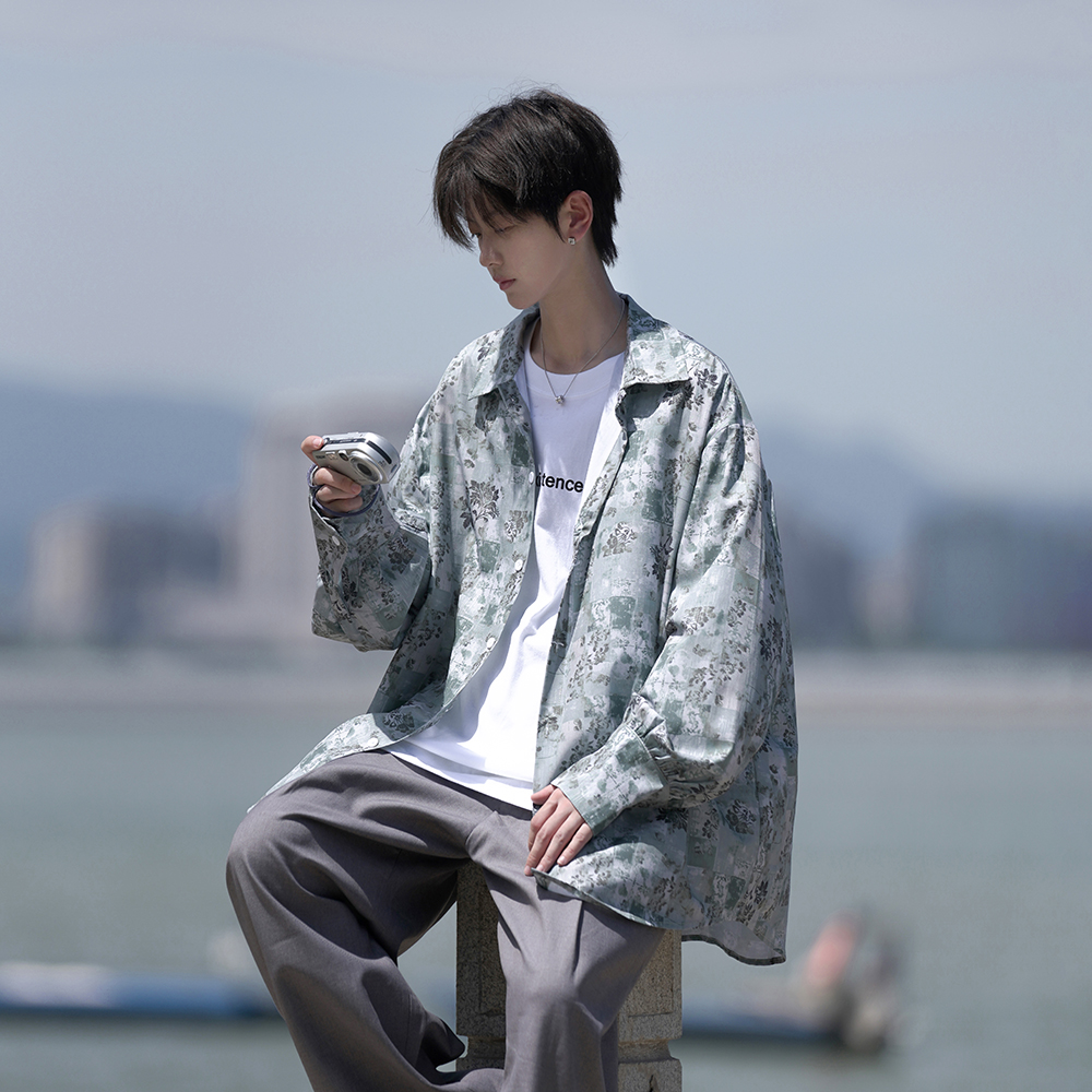 外景花衬衫2025秋装新款宽松大码港风男士长袖衬衫CS06P48控68，男装衬衫，电商A031