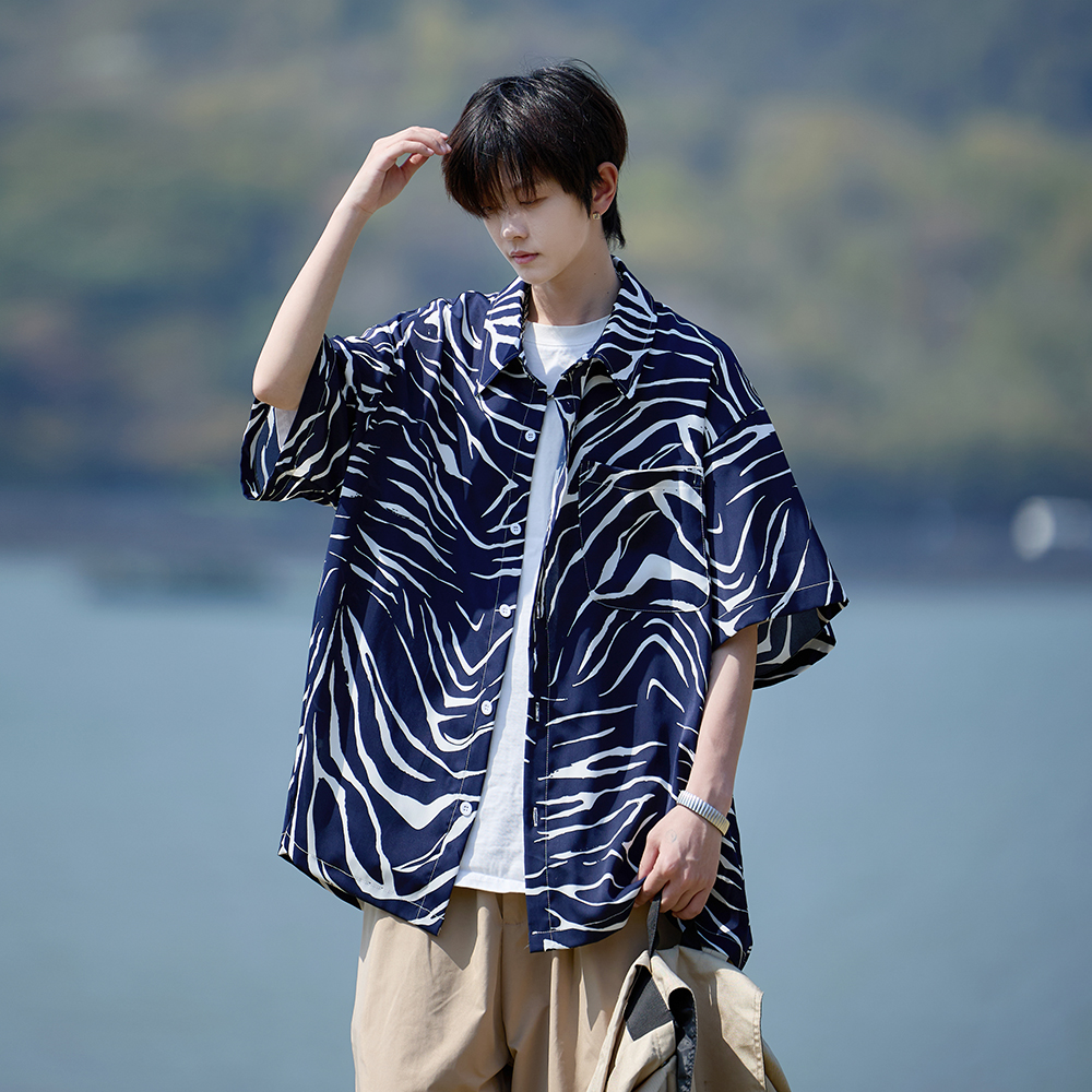2025夏季新款宽松大码冰丝短袖衬衫CS25P40控58，男装T恤，电商A031