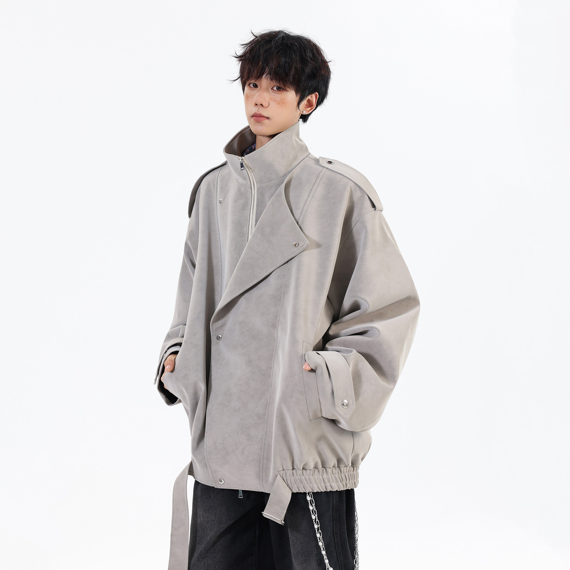 2026春装新款大码肩章宽松花纹皮衣夹克外套JK131P98控158，男装夹克，电商A031