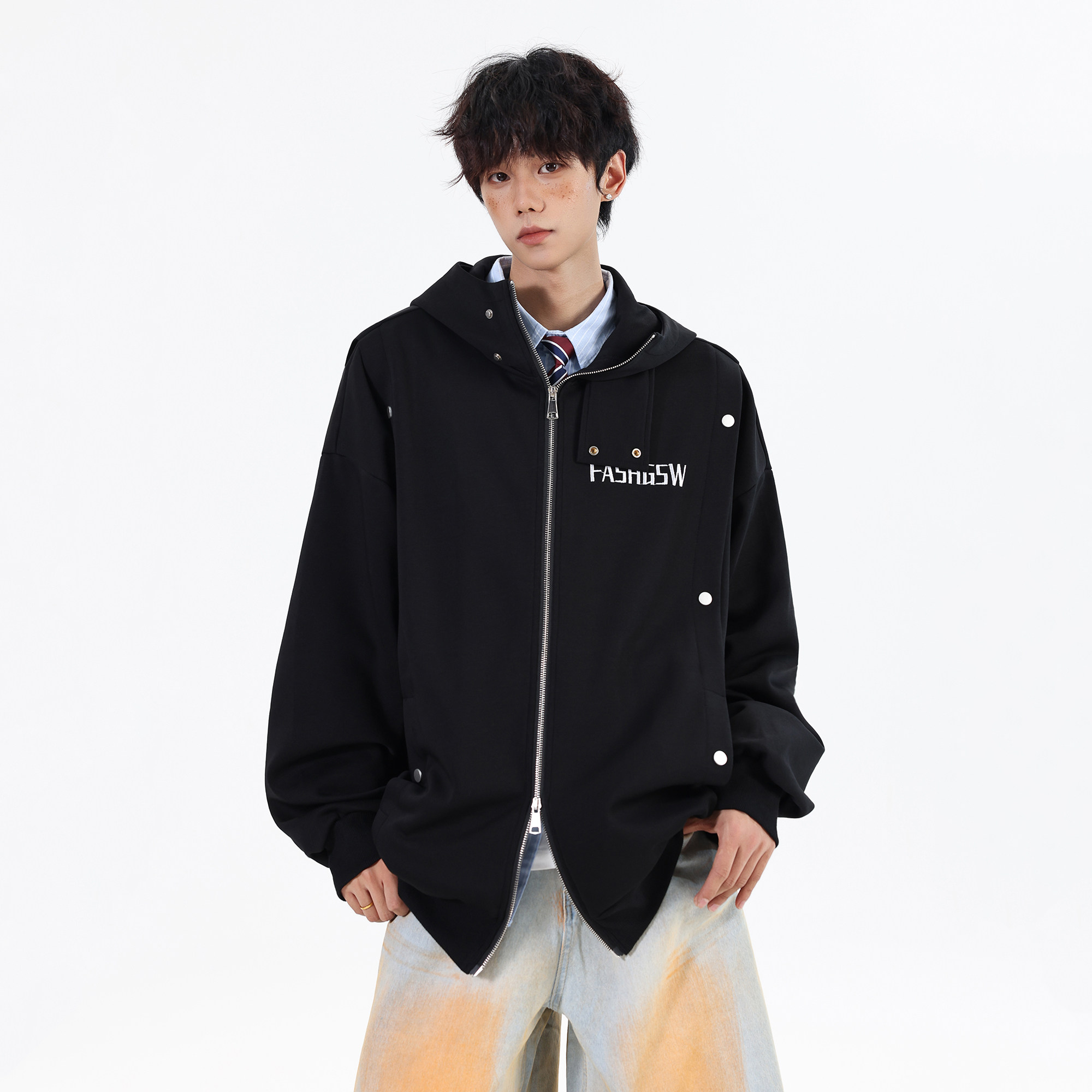 排扣夹克26春装设计款开衫连帽大码美式卫衣外套JK118P88控138，男装夹克，电商A031