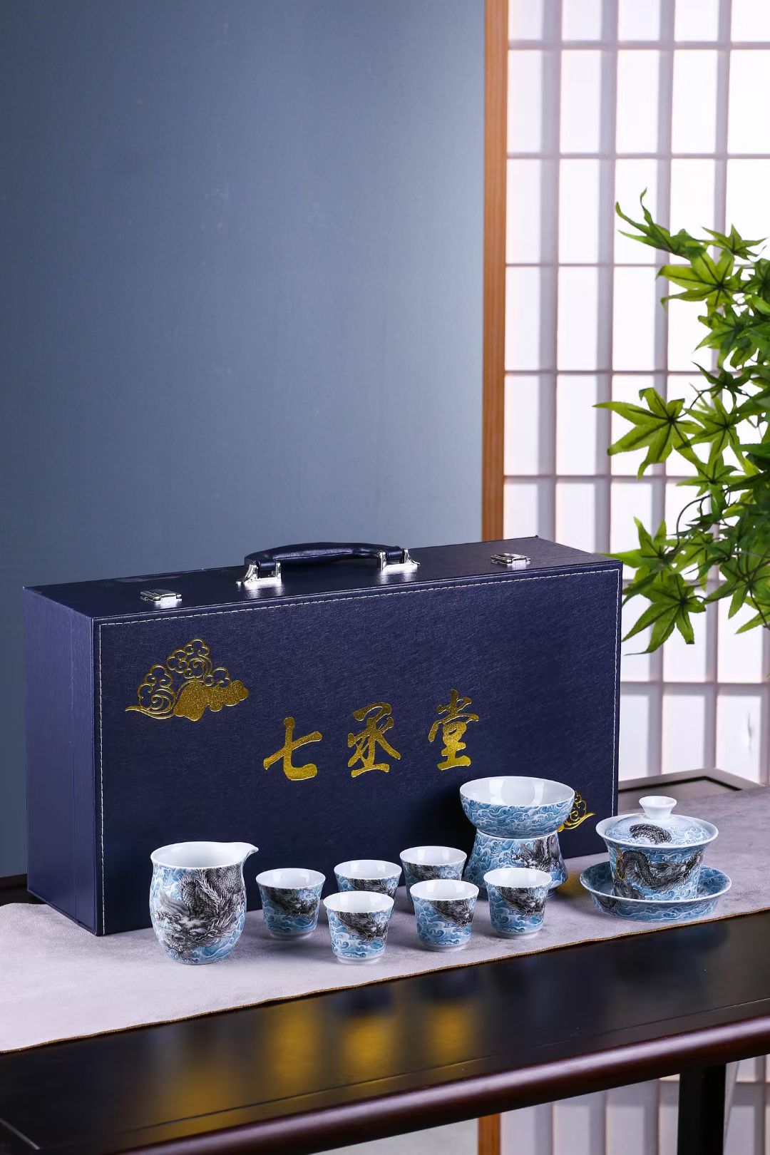 粉墨彩海水龙功夫茶具套装家用中式复古盖碗茶杯一整套泡茶碗送礼