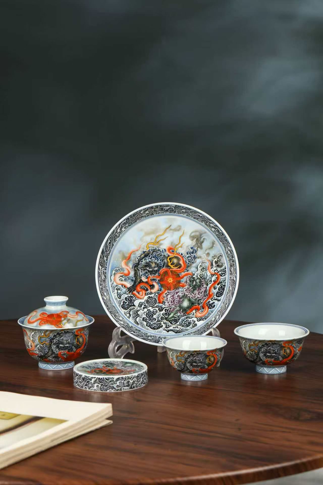 墨彩双狮绣球家用茶具套装高档整套盖碗茶杯陶瓷泡茶碗送人送礼物