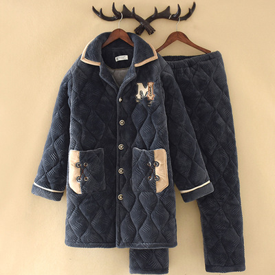 中长款男士睡衣冬季三层加厚珊瑚绒夹棉超厚冬天可外穿家居服套装