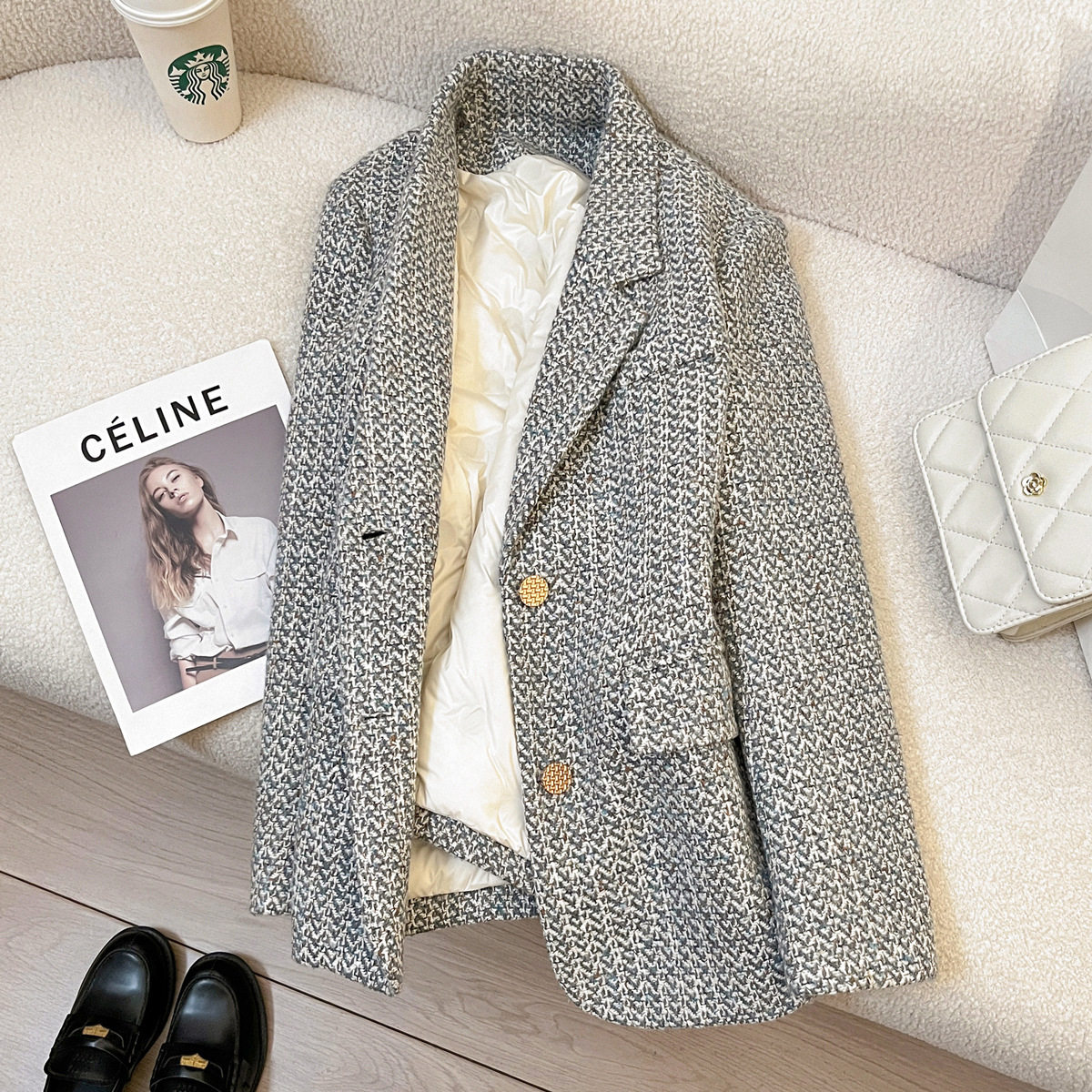 蓝色内里羽绒西装外套女2024冬季新款高级设计感小众气质通勤西服