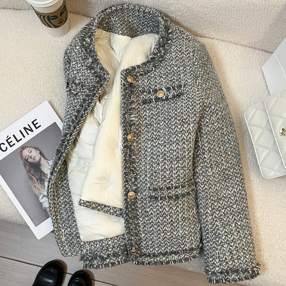 灰蓝色内里羽绒服小香风短外套女2025秋冬装新款粗花毛呢上衣