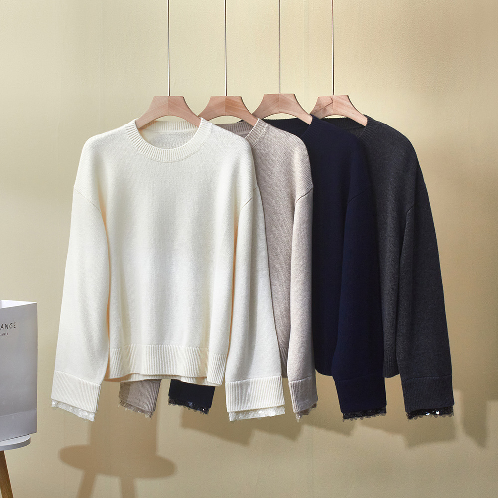 冬季新款意大利BC羊绒衫圆领宽松重工袖口亮片休闲针织山羊绒毛衣