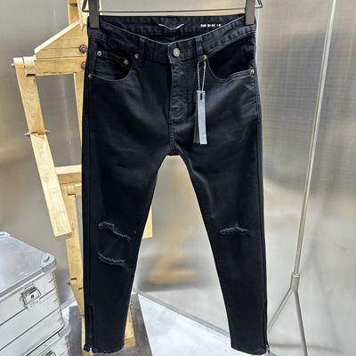 拉链设计修身小脚弹力破洞牛仔裤