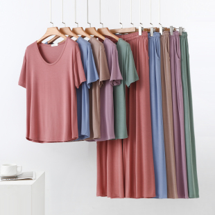 套装 春夏精梳莫代尔鹅蛋领短宽松大码 百搭家居裤 垂感直筒裤 女 薄款