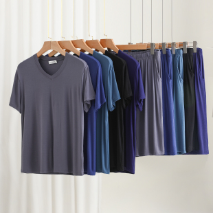 套装 薄款 男士 新款 休闲套装 弹力V领七分短裤 大码 精梳莫代尔大码