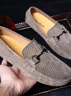 夏季镂空豆豆鞋男真皮韩版潮流懒人鞋百搭一脚蹬皮鞋大码47小码37