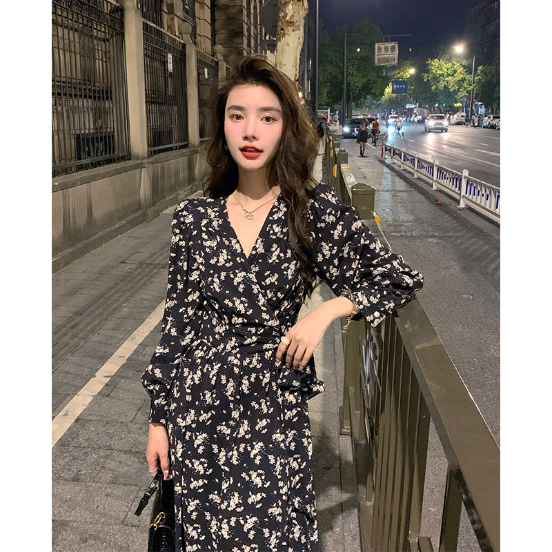 连衣裙复古碎花雪纺长裙性感收腰开衩长袖绑带宝妈V领法式显瘦