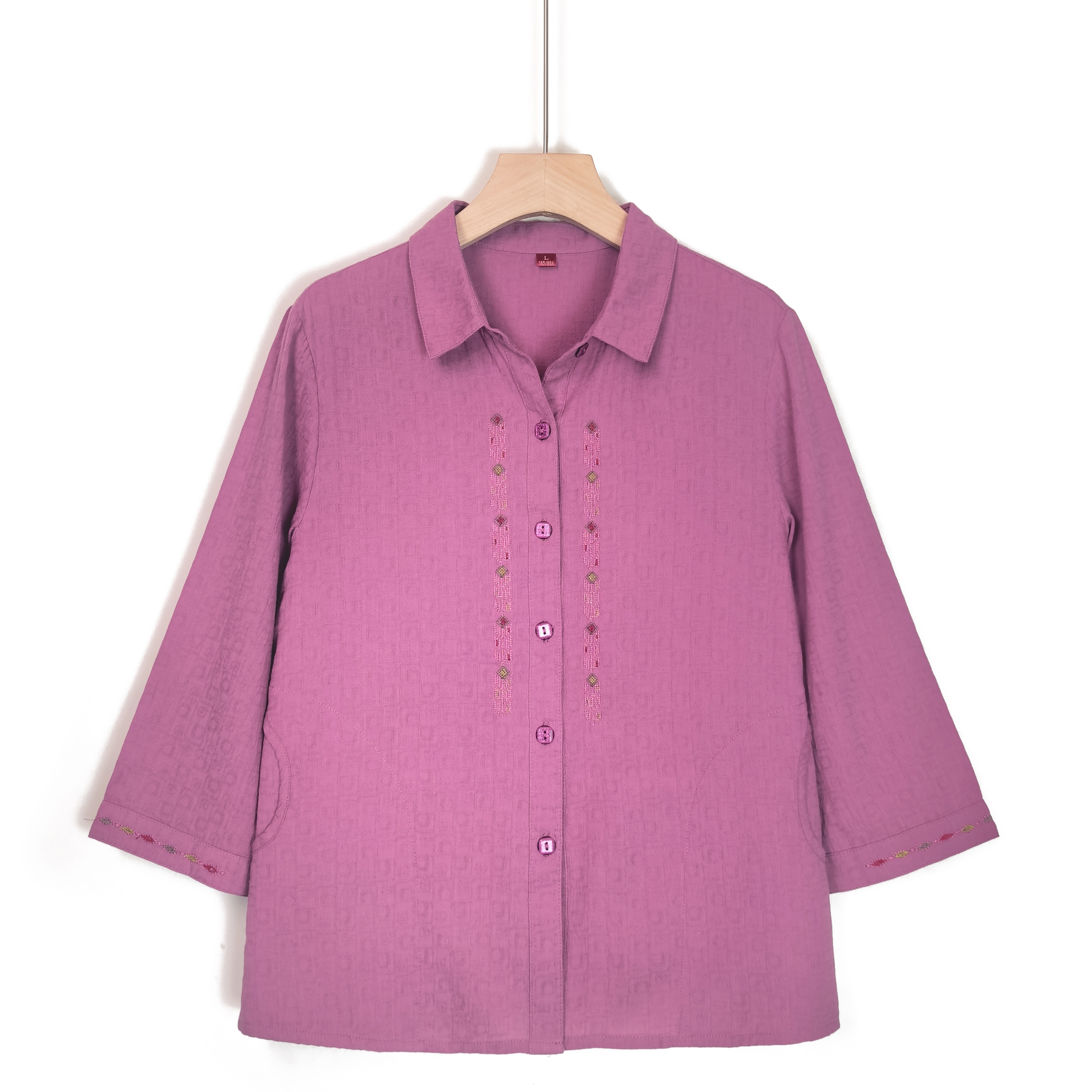 Zhiyu เสื้อเชิ้ตปักลายผ้าแจ็คการ์ดคอตตอนแท้ สีแดง สำหรับสตรีสูงวัย ใส่ในฤดูร้อน มีปกพับลง เสื้อคาร์ดิแกนลำลองแขนสามส่วน สำหรับคุณแม่