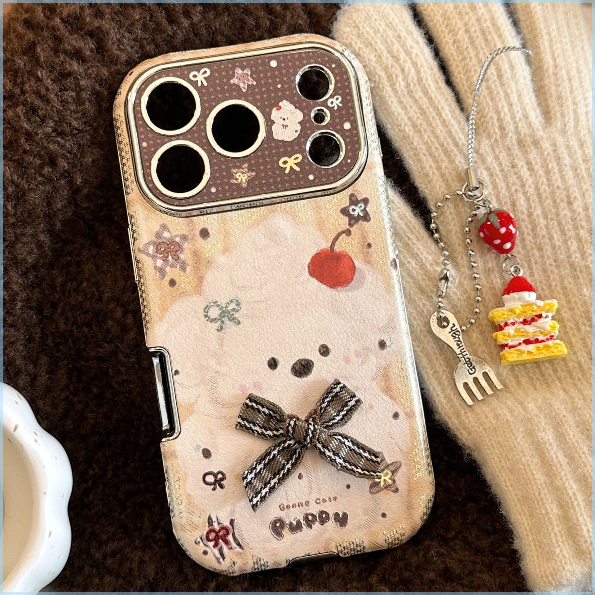 鎏金蝴蝶结小狗苹果17promax手机壳iphone16适用15挂链14皮纹12套甜美少女风彩绘保护膜