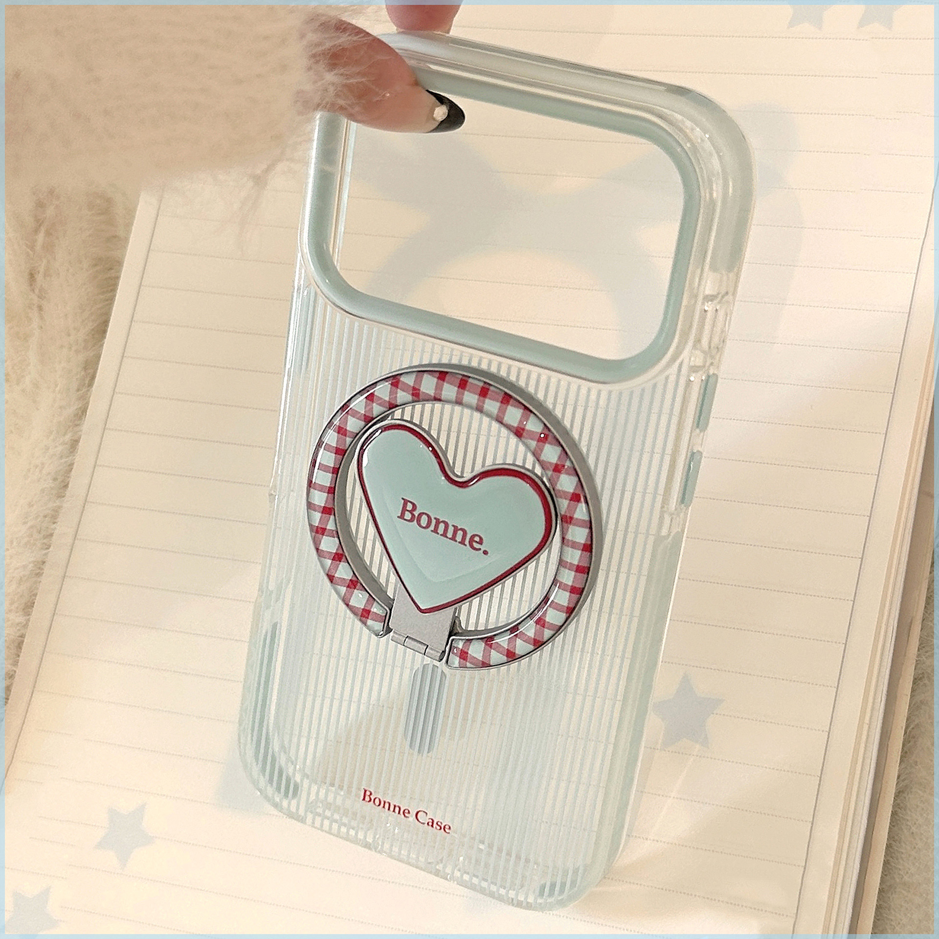 蓝红条纹适用苹果17promax手机壳15韩系iPhone16爱心磁吸支架14个性软