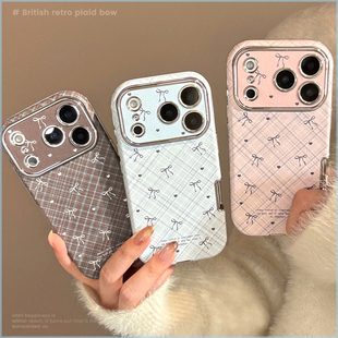 英伦甜美风适用苹果17promax手机壳iphone16皮质15格纹蝴蝶结14复古13软12全包Shockproof11