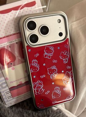 鎏金iphone17promax手机壳复古红猫咪线条15苹果16适用13滴胶卡通鎏金红色Hello Kitty防摔保护套可爱