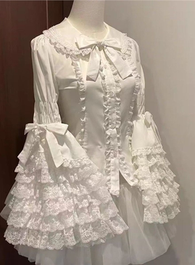 蕾丝doll感原创lolita黑白色姬袖蝴蝶结衬衫长袖内搭洛丽塔打底衫